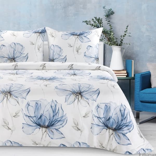 Satin sängkläder VÅR 220x200 Eurofirany vita blå stora blommor