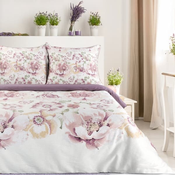 Satin sengetøj FORÅR 200x220 Eurofirany lyng ask creme blomster pæoner