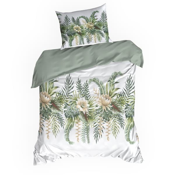 Satin sängkläder VÅR 200x220 Eurofirany vit mint exotiska blad blommor