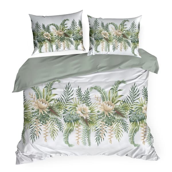 Satin sängkläder VÅR 200x220 Eurofirany vit mint exotiska blad blommor