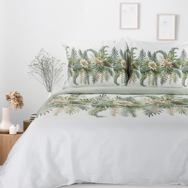 Satin sängkläder VÅR 200x220 Eurofirany vit mint exotiska blad blommor