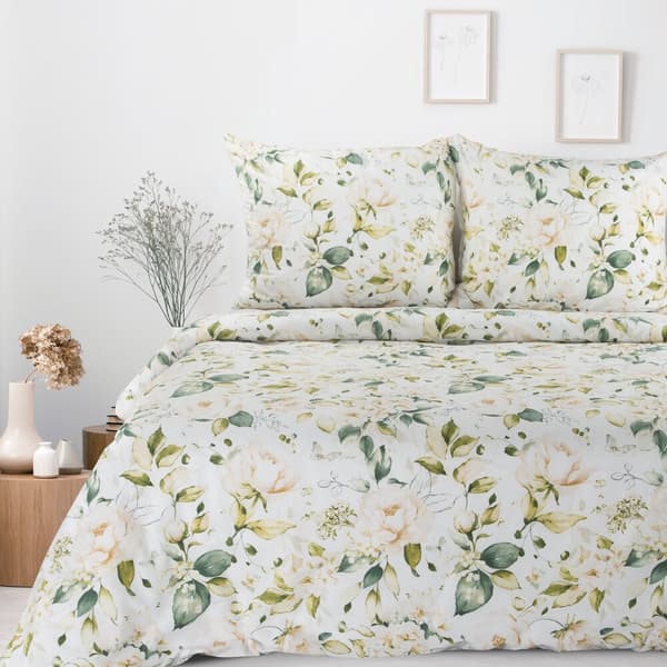 Sängkläder i bomull SONIA 140x200 Eurofirany vit grön krämblommande trädgårdsblommor
