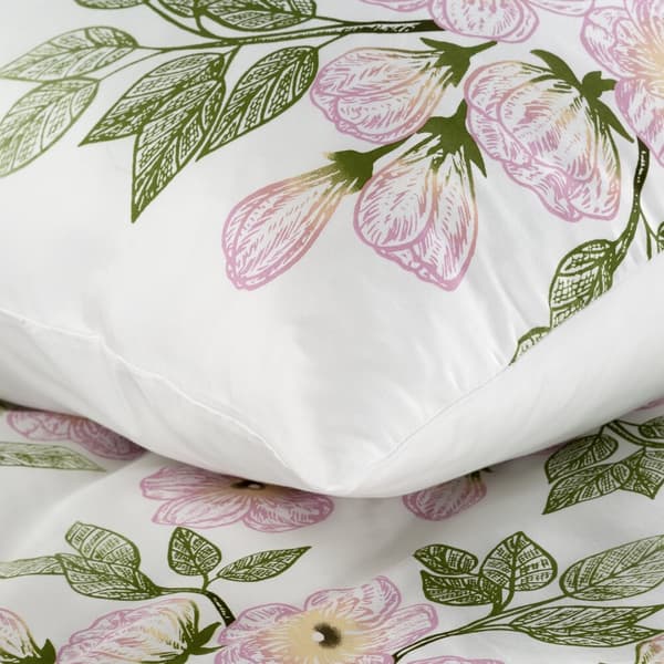 NIKA satin sengetøj 140x200 Eurofirany hvid med lyserøde og grønne blomster a'la broderi