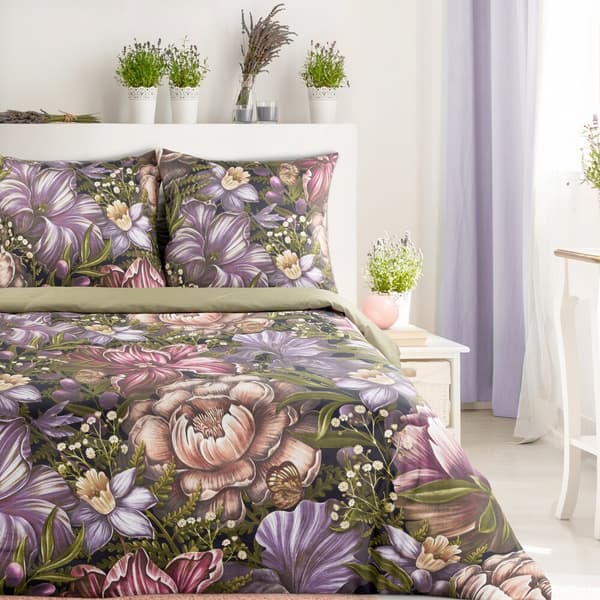 NIKA satin sengetøj 140x200 Eurofirany sort oliven lilla fortryllet have