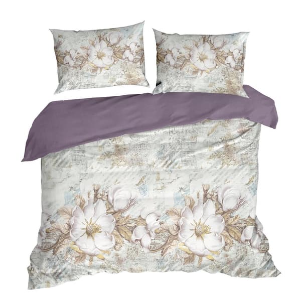 Satin sengetøj FORÅR 200x220 Eurofirany mørk lilla hvid beige mallow blomster