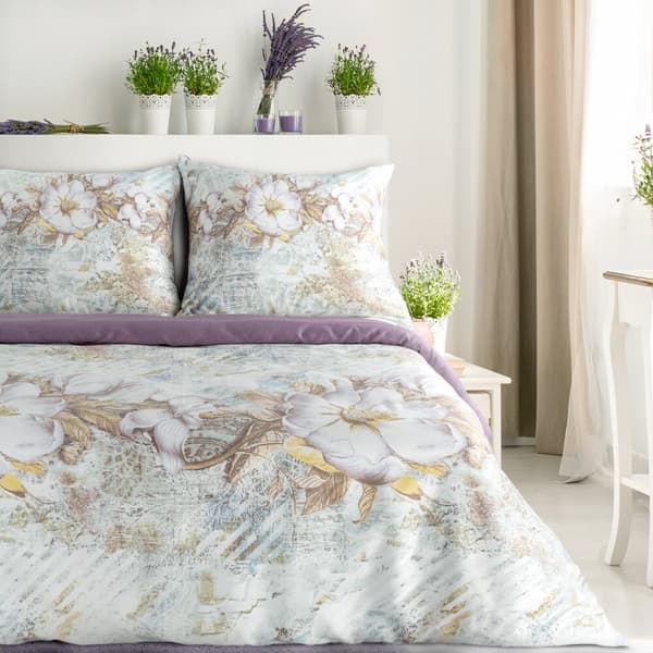 Satin sengetøj FORÅR 200x220 Eurofirany mørk lilla hvid beige mallow blomster