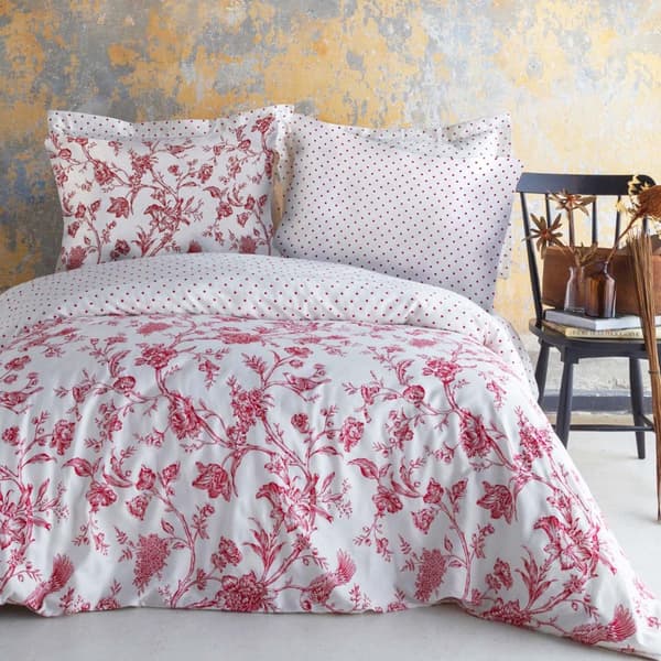Sängkläder i bomull satin ROSE BLANC 160x200 vita rosa prickar blommor