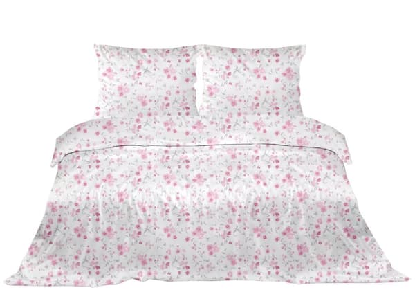 Satin sengesæt 160x200 Greno hvide lyserøde blomster