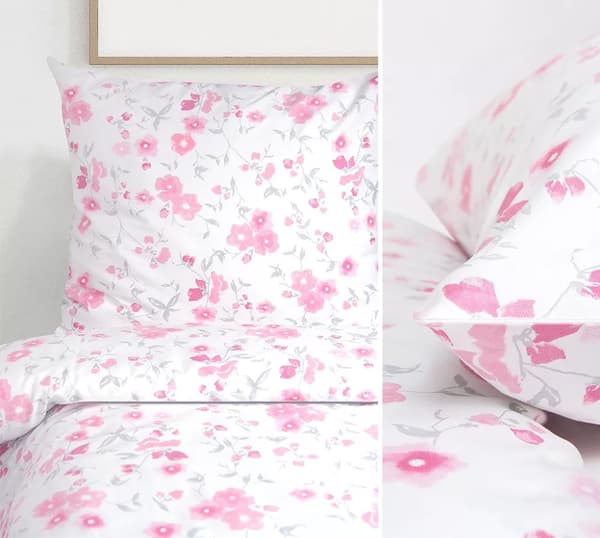 Satin sengesæt 160x200 Greno hvide lyserøde blomster
