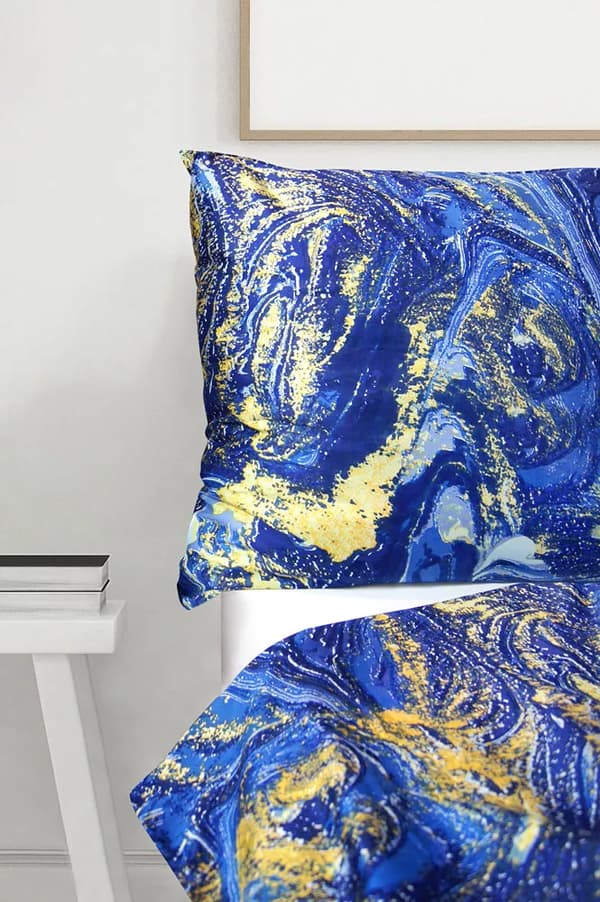 Satin sängkläder set 160x200 Greno marinblått guld svart marmor