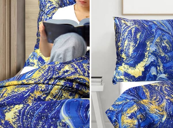 Satin sängkläder set 160x200 Greno marinblått guld svart marmor