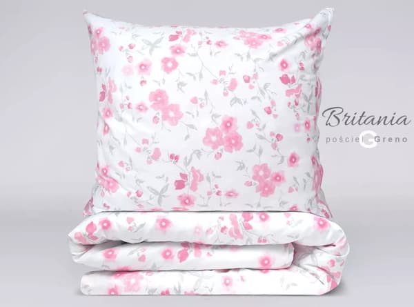 Satin sengesæt 220x200 Greno hvide lyserøde blomster