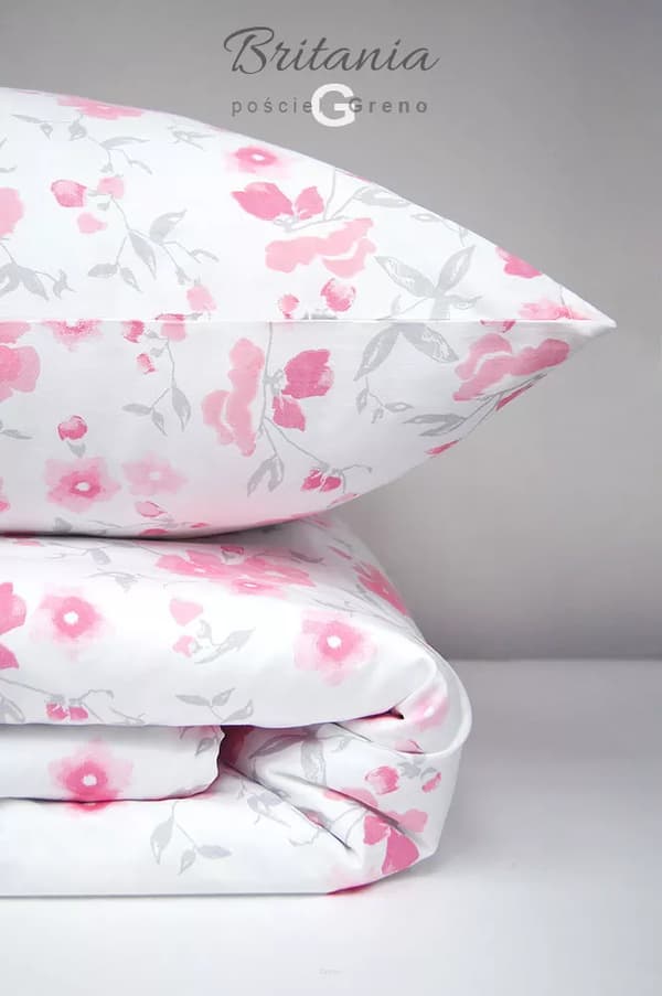 Satin sengesæt 220x200 Greno hvide lyserøde blomster