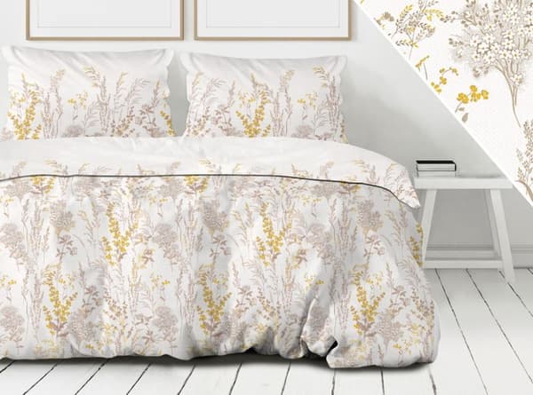 Sängkläder i bomull 160x200 Greno vitguld beige vilda blommor