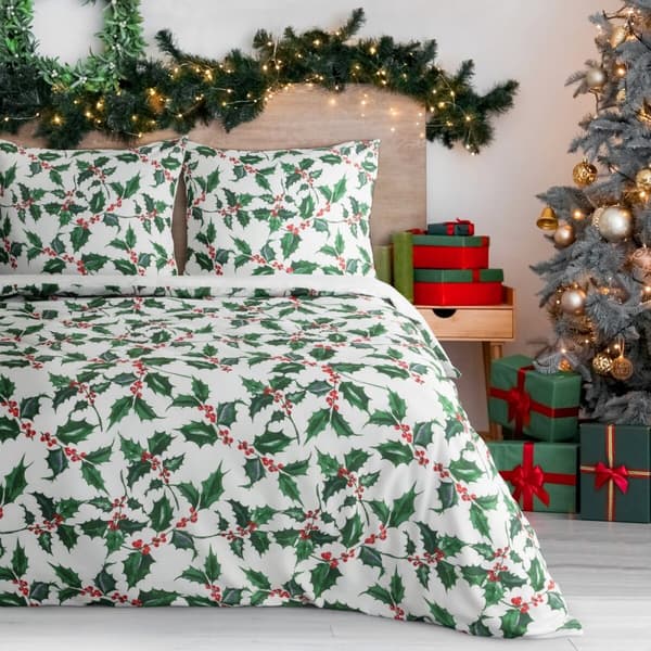 TORI Jouluinen vuodevaatteet setti 160x200 Eurofirany valkoinen vihreä kukkiva holly