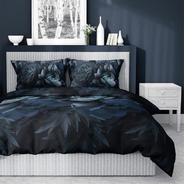 Satin Sengetøj 160x200 Blomster Marineblå