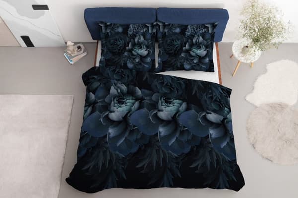 Satin Sengetøj 160x200 Blomster Marineblå