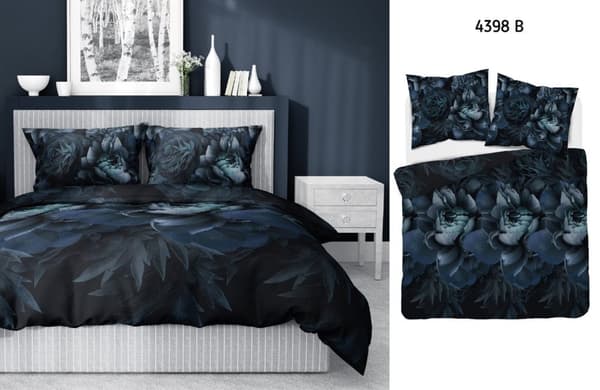 Satin Sengetøj 160x200 Blomster Marineblå