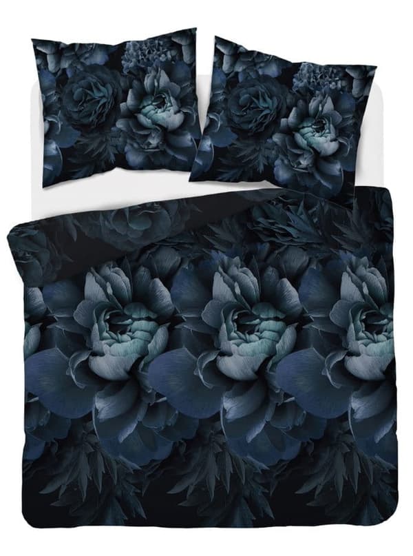Satin Sengetøj 160x200 Blomster Marineblå