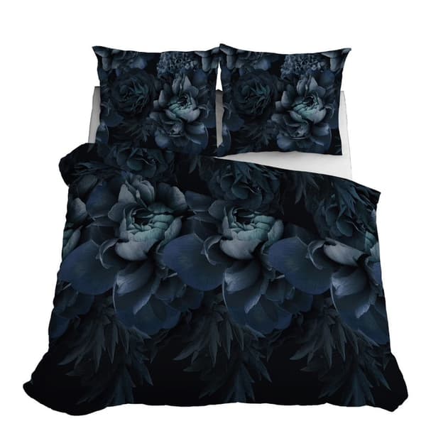 Satin Sengetøj 160x200 Blomster Marineblå