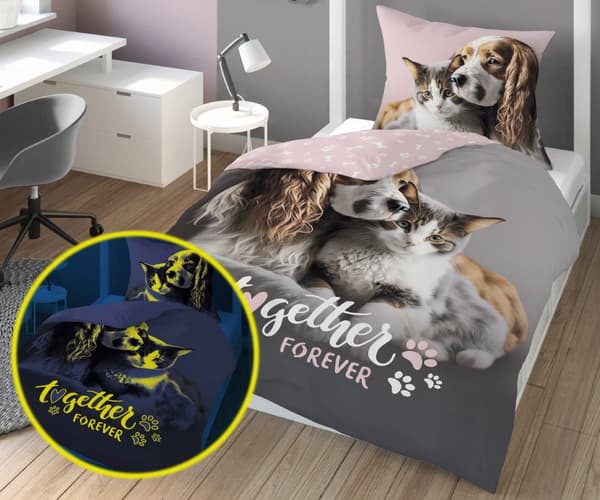 Sängkläder som lyser i mörkret 140x200 Hund och kattunge