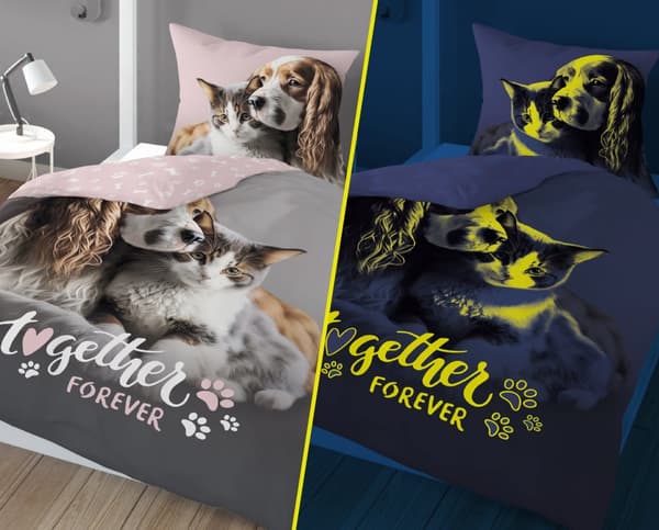 Sängkläder som lyser i mörkret 140x200 Hund och kattunge