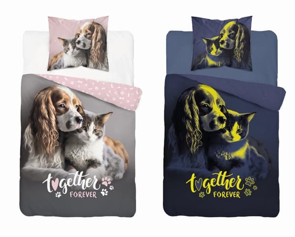 Sängkläder som lyser i mörkret 140x200 Hund och kattunge