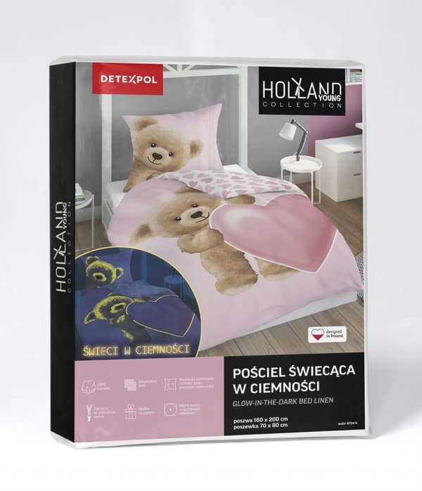 Pimeässä hohtava vuodevaate 160x200 Nallekarhu Hyvää Yötä Sydän