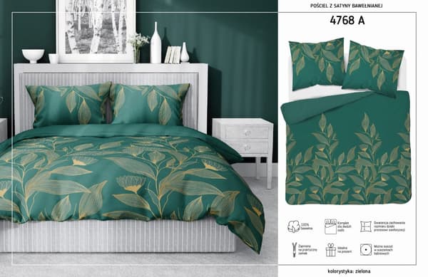 Satinsängkläder 220x200 Gröna löv Guldornament