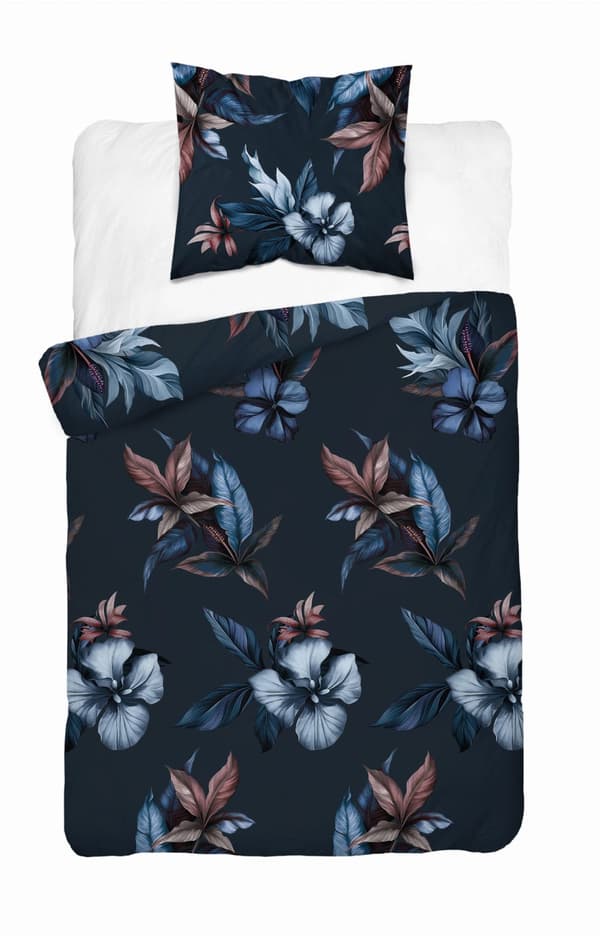 Satinsängkläder 140x200 Blommor Marinblå Turkos