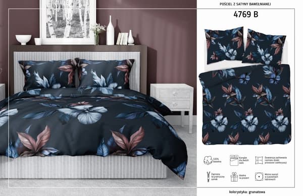 Satinsängkläder 180x200 Marinblå blommor