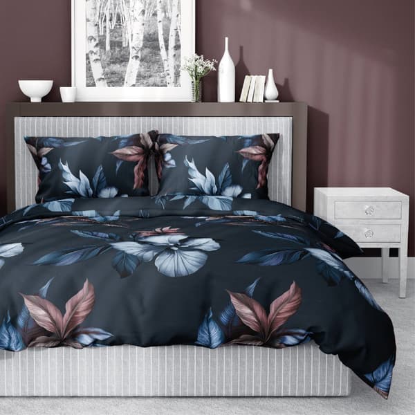Satinsängkläder 180x200 Marinblå blommor