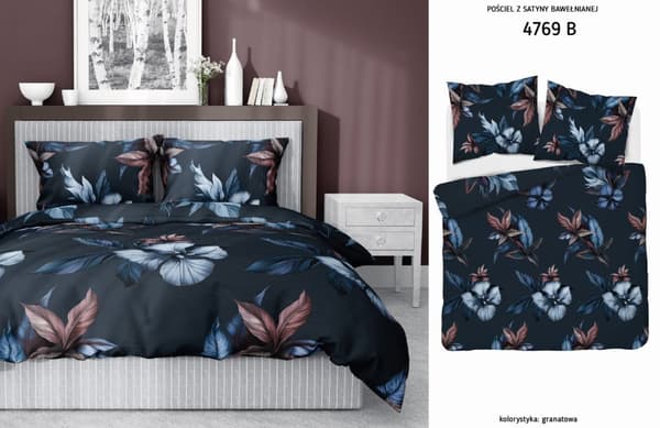 Satinsängkläder 180x200 Marinblå blommor