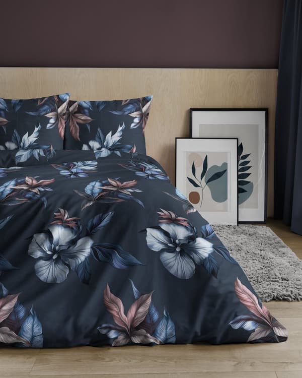 Satinsängkläder 180x200 Marinblå blommor
