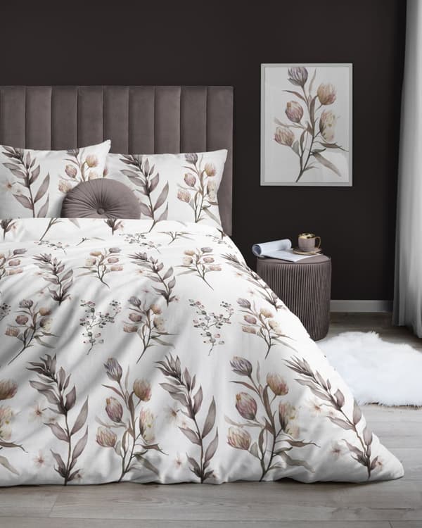 Satinsängkläder 140x200 Blommor Löv Beige Ask