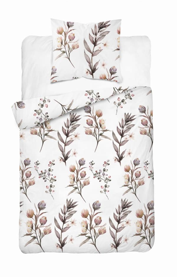 Satinsängkläder 140x200 Blommor Löv Beige Ask