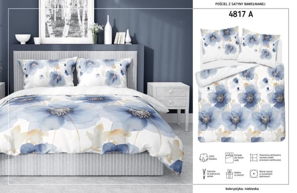Satin Sengetøj 180x200 Blomster Blå Lys