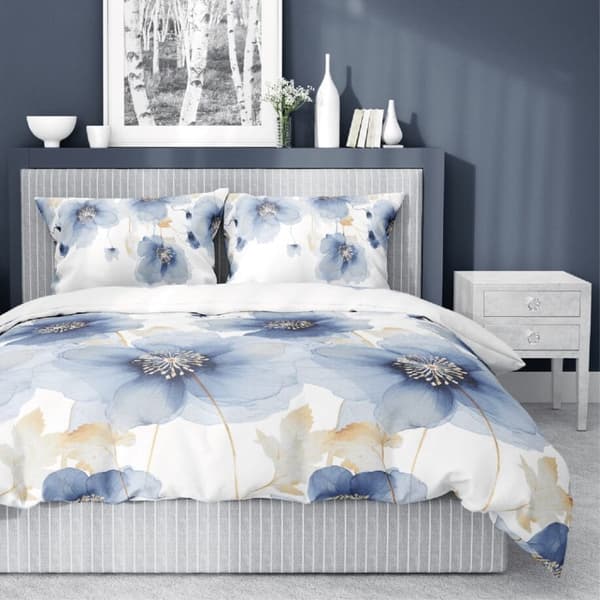 Satin Sengetøj 180x200 Blomster Blå Lys