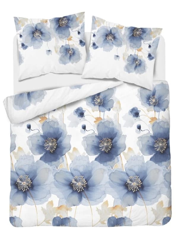 Satin Sengetøj 180x200 Blomster Blå Lys
