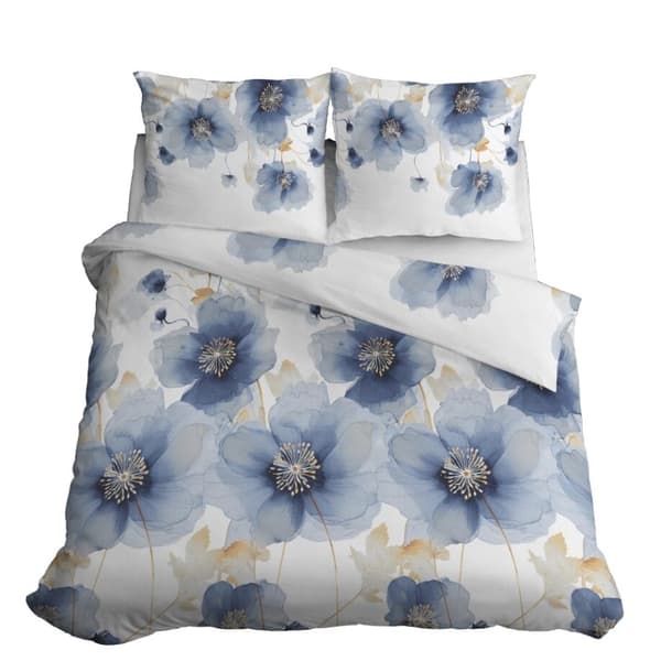 Satin Sengetøj 180x200 Blomster Blå Lys
