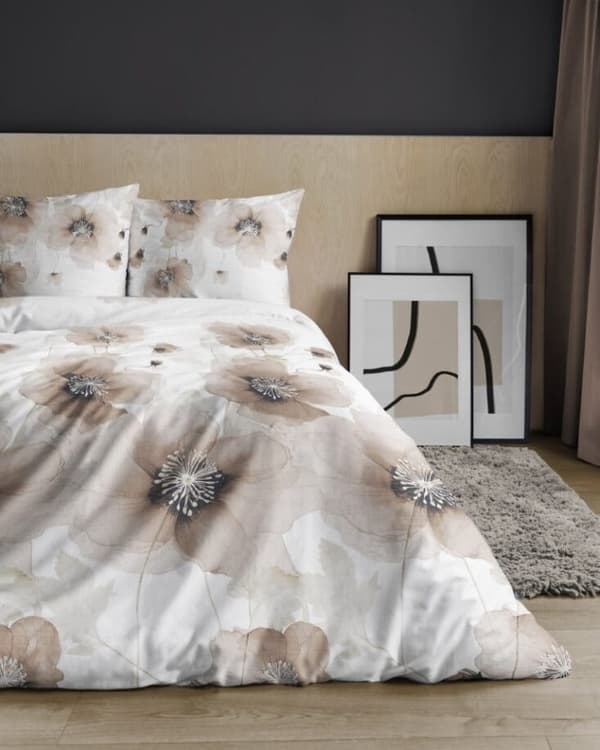 Satin Sengetøj 220x200 Blomster Lys Beige