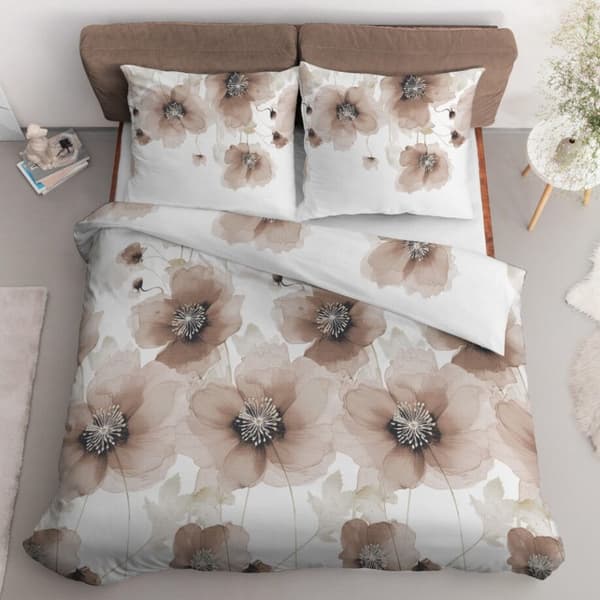 Satin Sengetøj 220x200 Blomster Lys Beige
