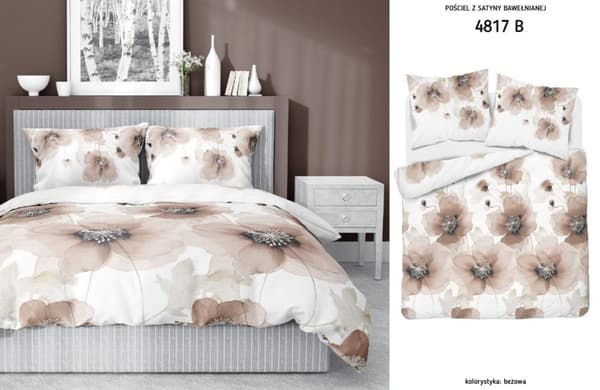 Satin Sengetøj 220x200 Blomster Lys Beige