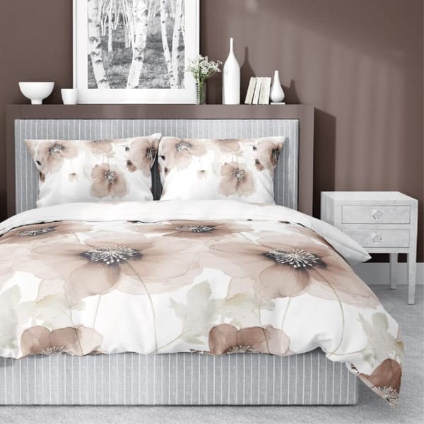 Satin Sengetøj 220x200 Blomster Lys Beige