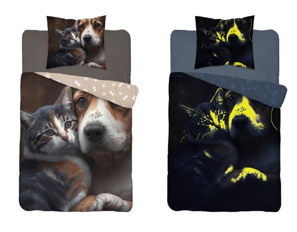 Sengetøj Lyser i mørket 160x200 Kat Hund
