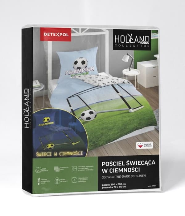 Sengetøj, der lyser i mørket, 140x200 feltmål, fodbold