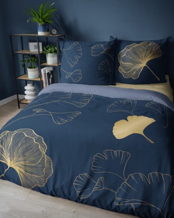 Holländskt sängkläder 160x200 Blommor Löv Guld Holland Marinblå