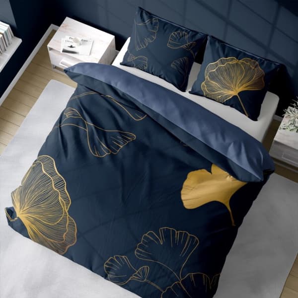 Holländskt sängkläder 160x200 Blommor Löv Guld Holland Marinblå