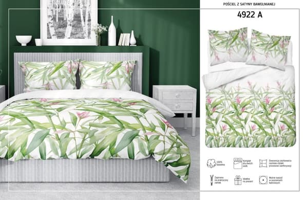 Satin Sengetøj 220x200 Blomster Blade Forårsgrøn