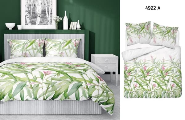 Satin Sengetøj 220x200 Blomster Blade Forårsgrøn